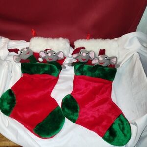 Festive Red and Green Christmas Stockings with Mouse Design